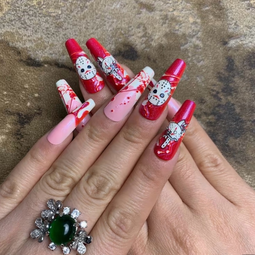 24 pcs Jason Voorhees Friday the 13th Halloween Pink Red Press-on Nails